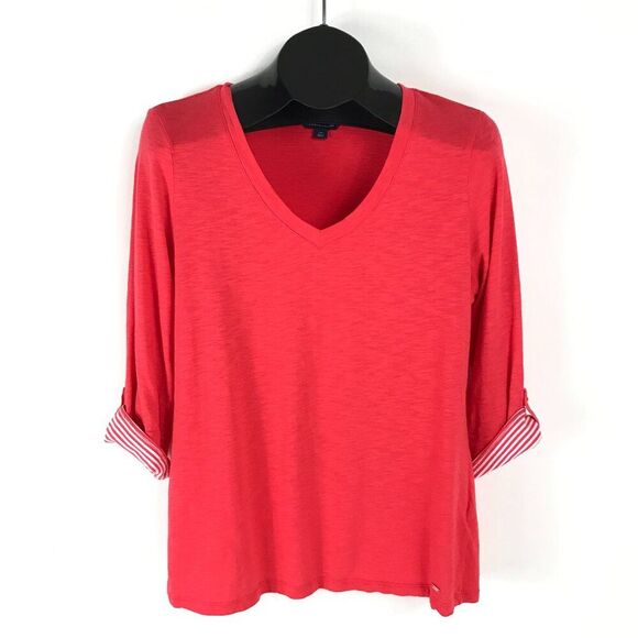 Tommy Hilfiger V-Neck Roll Tab Top Women's Large Stretch Knit Casual Spring - Picture 1 of 12